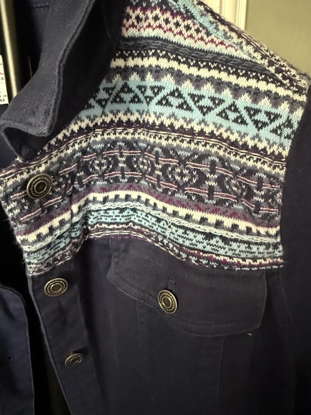 D&Co Women's Navy Blue Jacket with Patterned Yoke -
